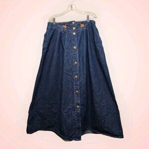 Vtg Saint Germain Denim Skirt Sz L Long Western Embroidered Midi Button Down